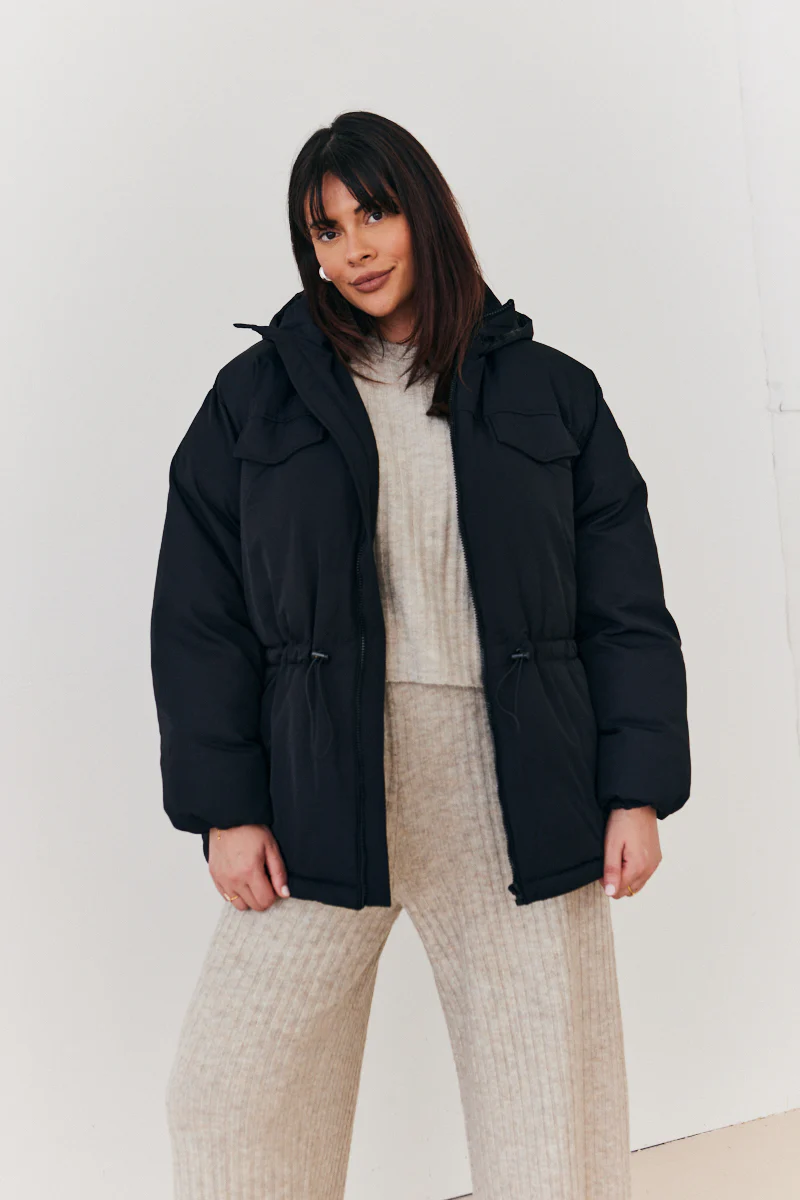 Hooded Drawstring Waist Puffer Coat - Image 7