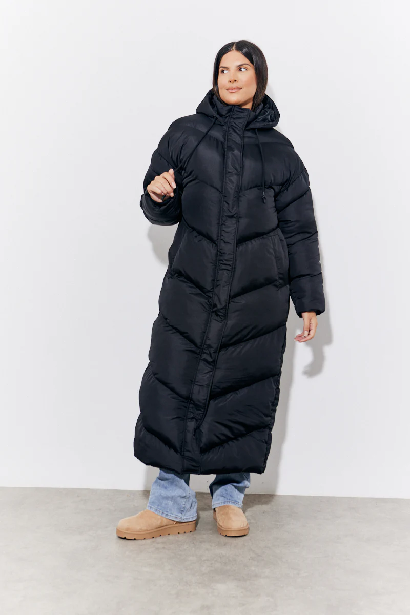 Black Hooded Longline Popper Puffer Coat - Image 2