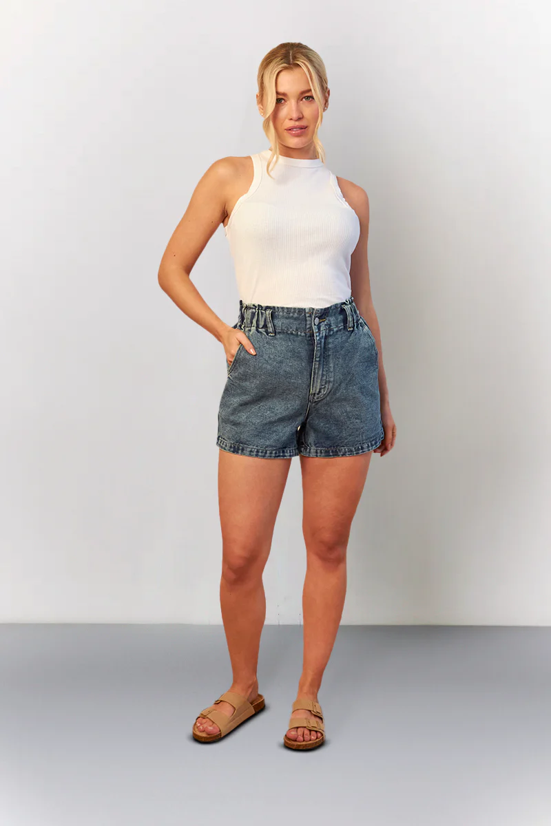 Mid Blue Denim Paper Bag Shorts