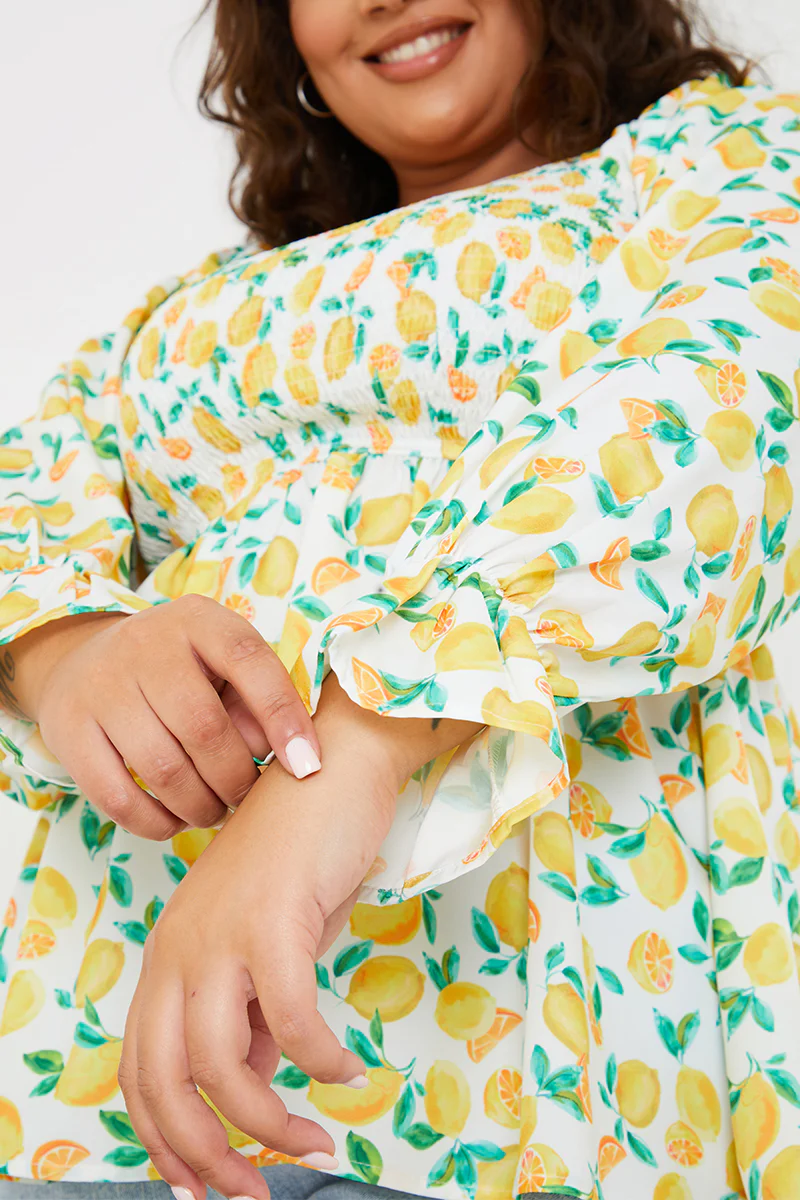 Lemon Print Bardot Puff Sleeve Top - Image 3