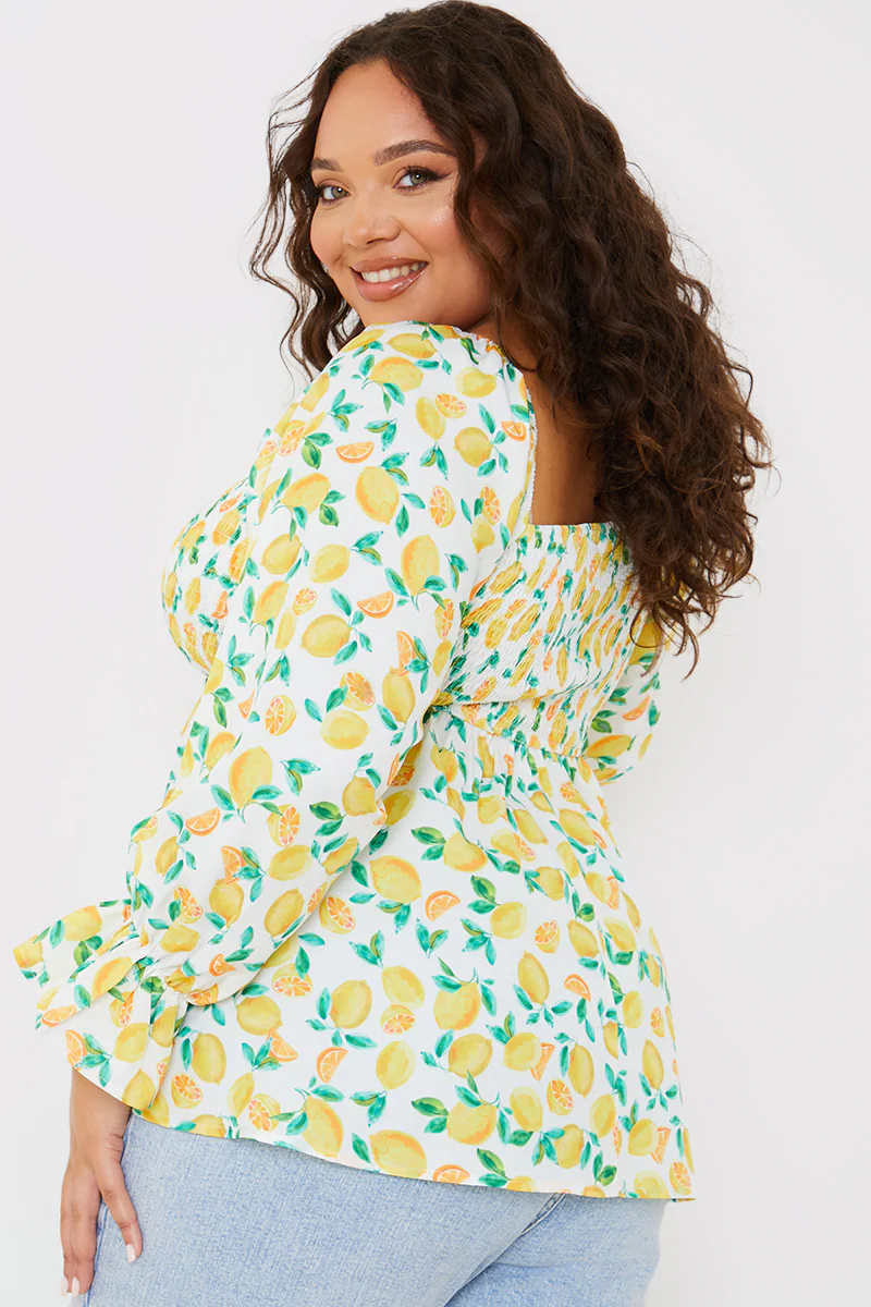Lemon Print Bardot Puff Sleeve Top - Image 4