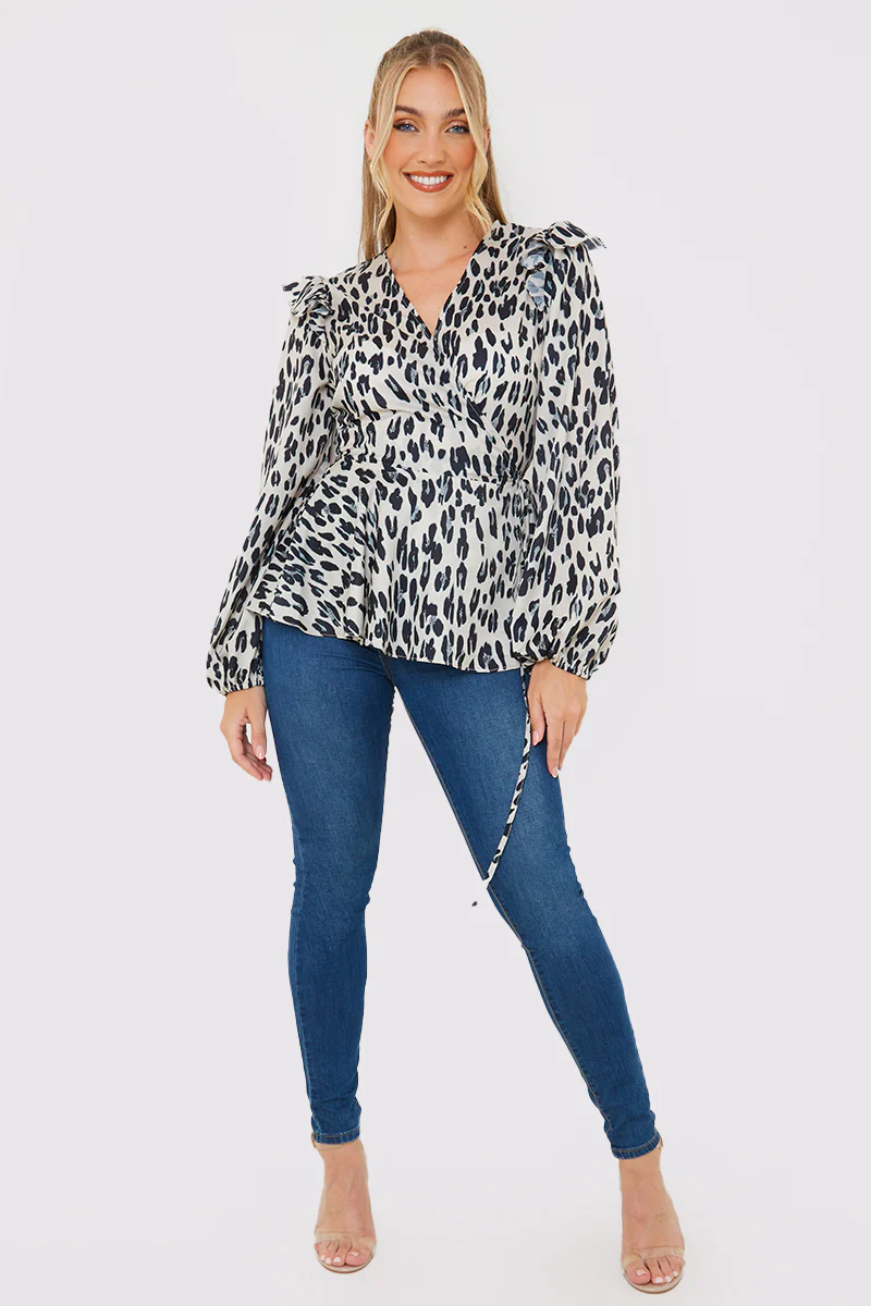 Leopard Print Wrap Blouse - Image 2