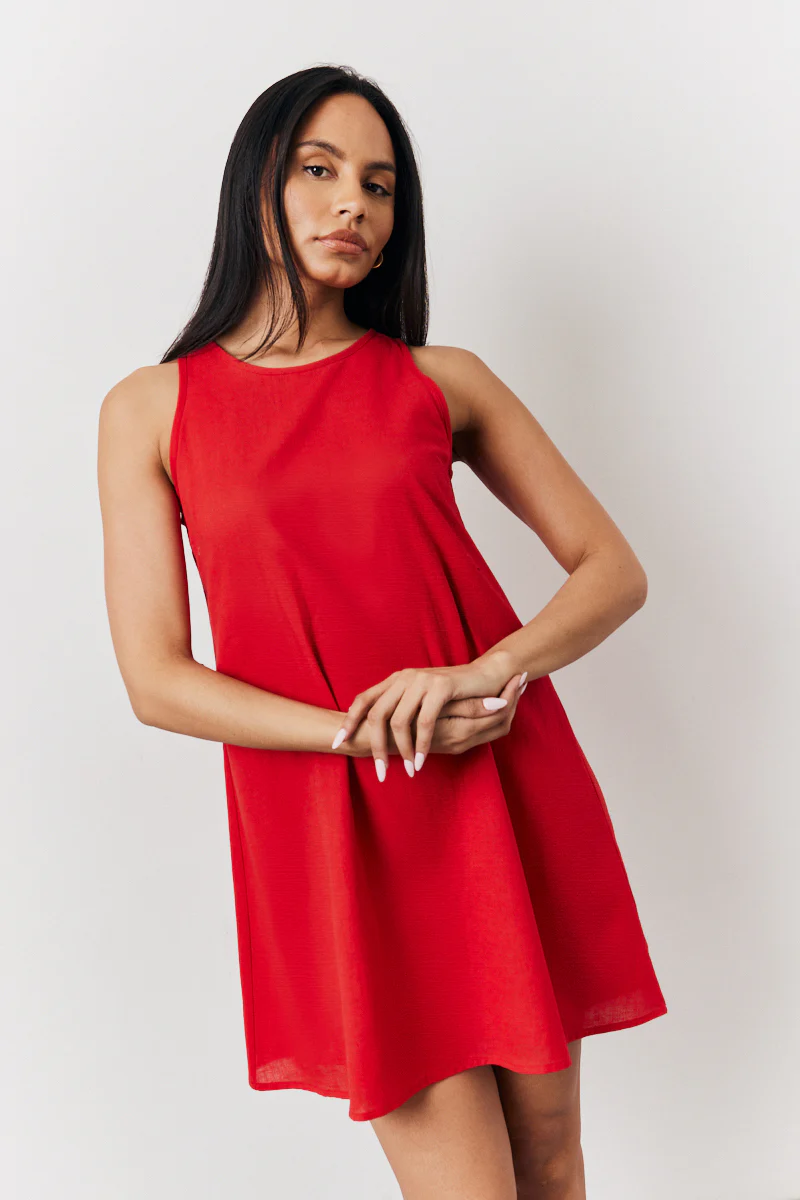 Red Linen A-Line Mini Dress - Image 2