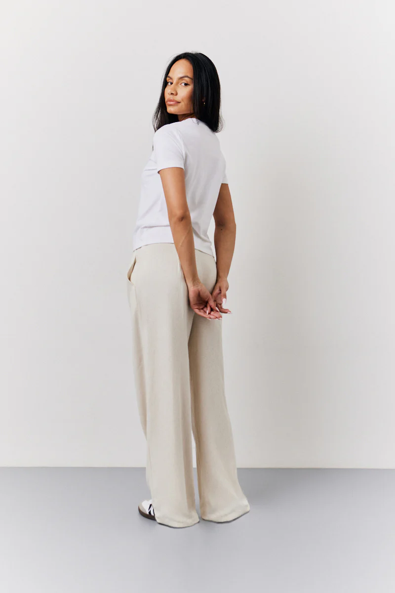 Stone Linen Blend Tailored Wide Leg Trouser - Image 3