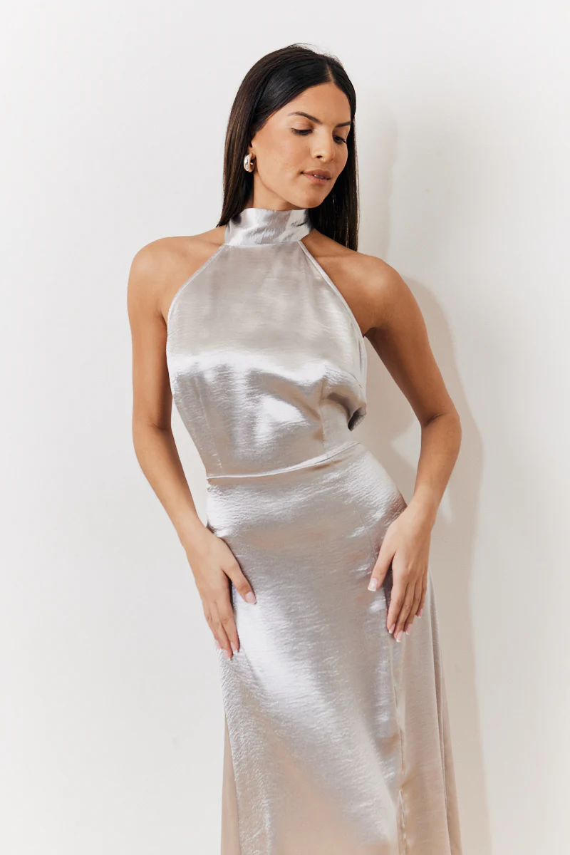 Silver Liquid Satin Halterneck Split Detail Maxi Dress - Image 2