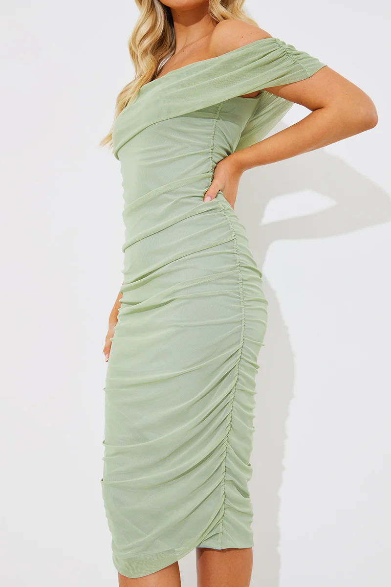 Mesh Bardot Ruched Midi Dress - Image 2