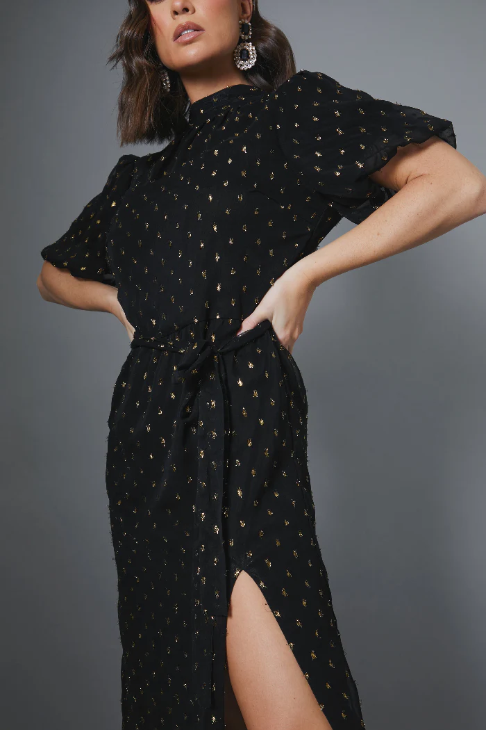Metallic Polkadot Puff Sleeve Midi Dress - Image 2
