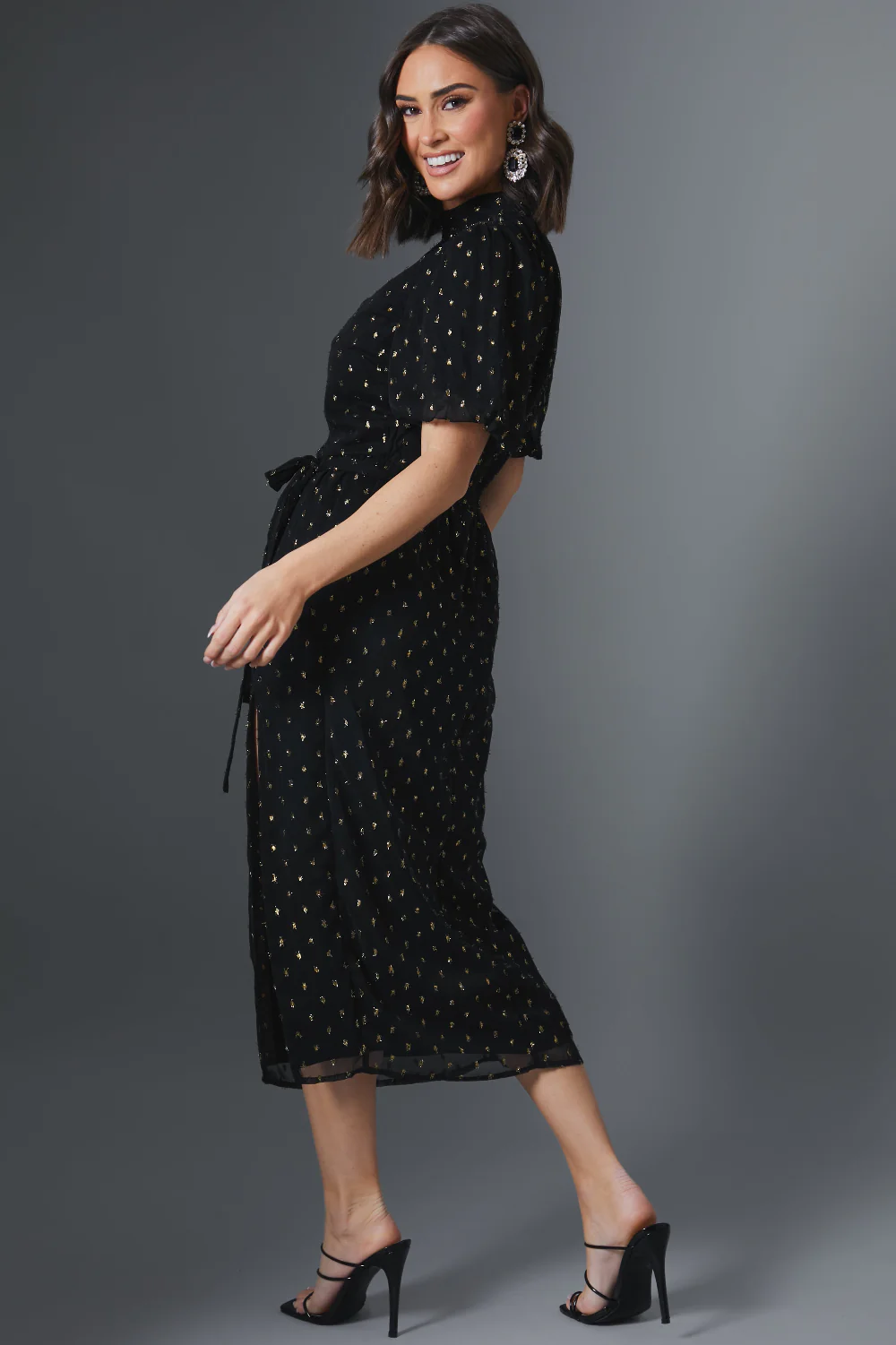Metallic Polkadot Puff Sleeve Midi Dress - Image 3