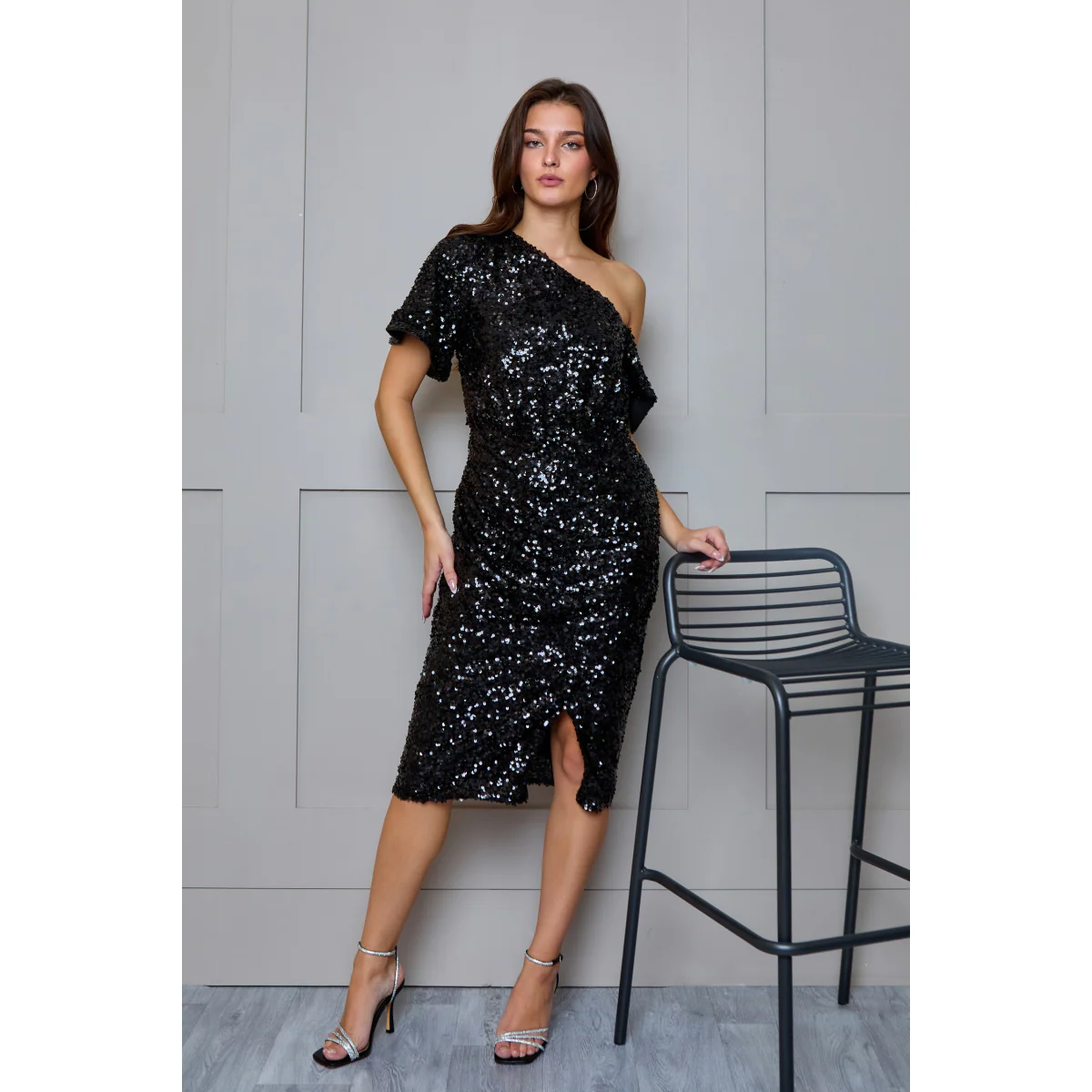 One Shoulder Ruched Sequin Midi Dress in Black