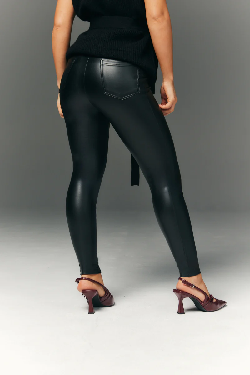 Perfect Sculpting High Waisted Leather Look Leggings With Back Pocket - Image 3