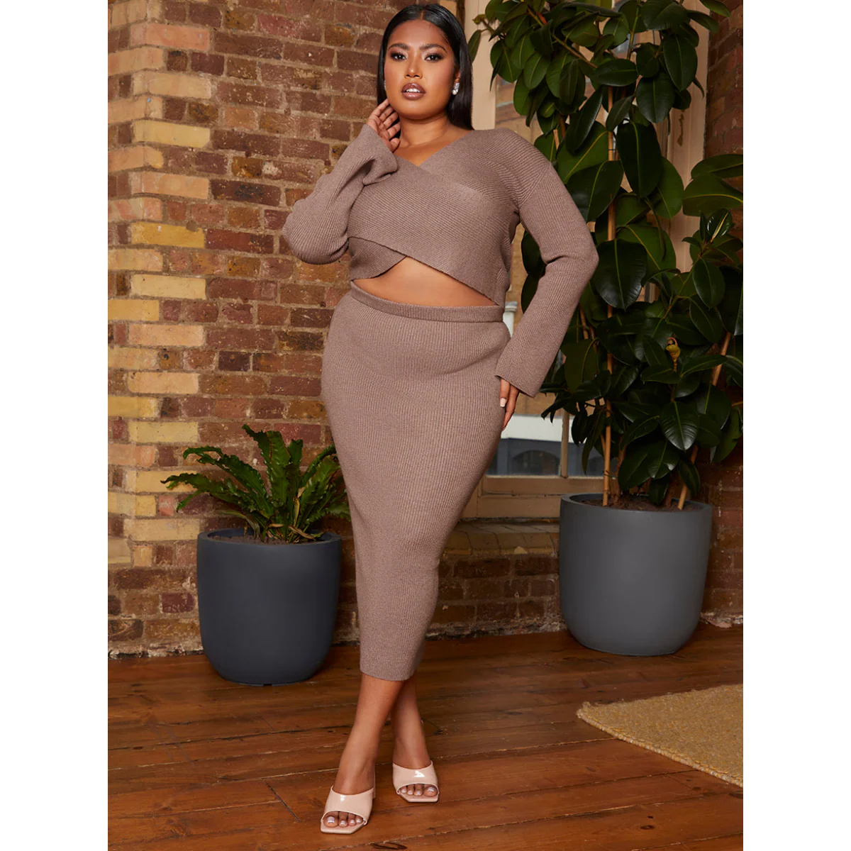 Plus Size Flute Sleeve Wrap Detail Rib Knit Top in Mocha