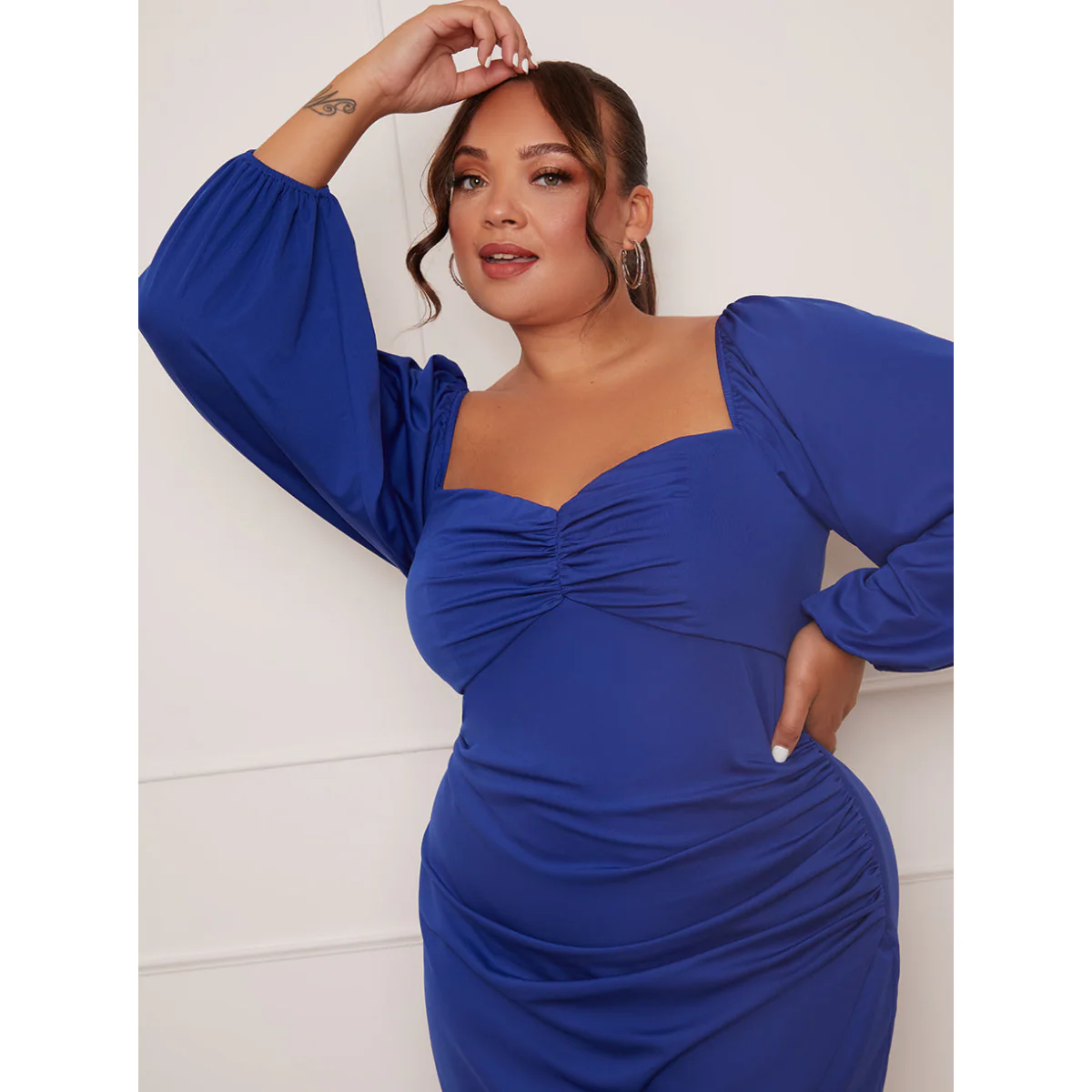 Plus Size Long Sleeve Bodycon Mini Dress in Blue - Image 3
