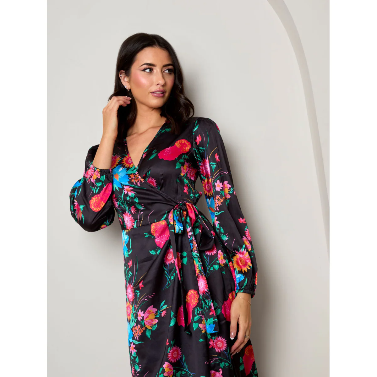 Plus Size Long Sleeve Floral Wrap Dress in Black - Image 2