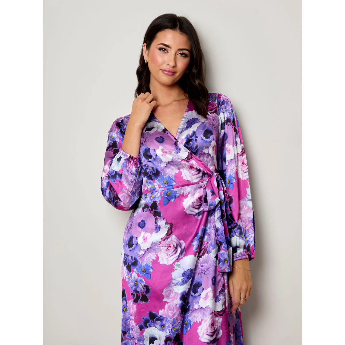 Plus Size Long Sleeve Floral Wrap Dress in Purple - Image 2