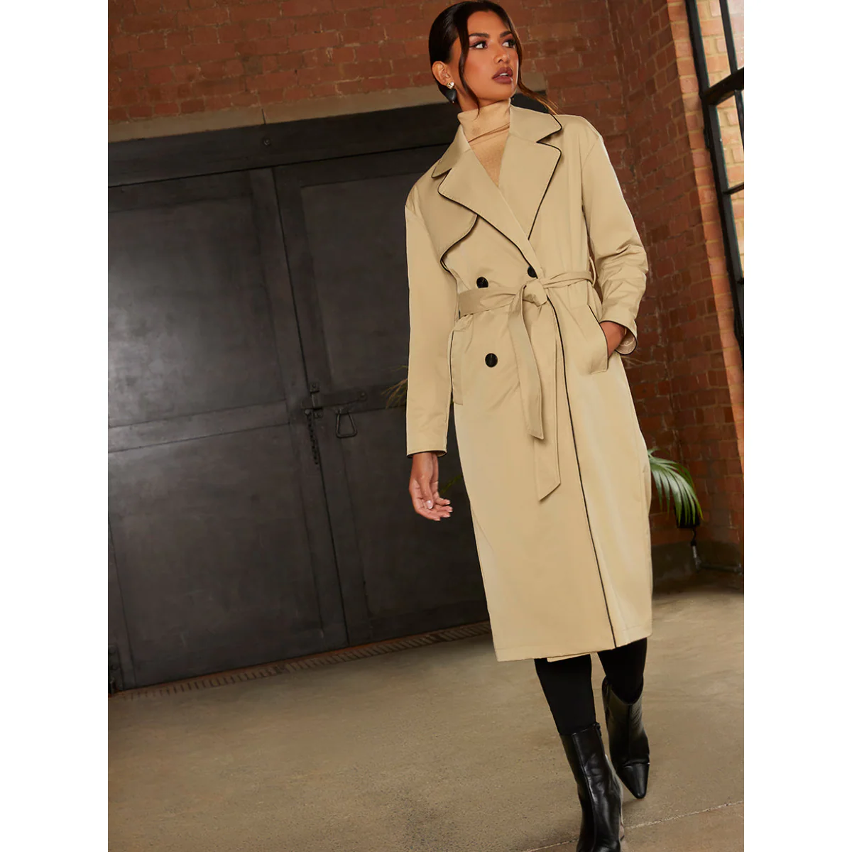 Plus Size Trim Longline Mac in Cream - Image 2