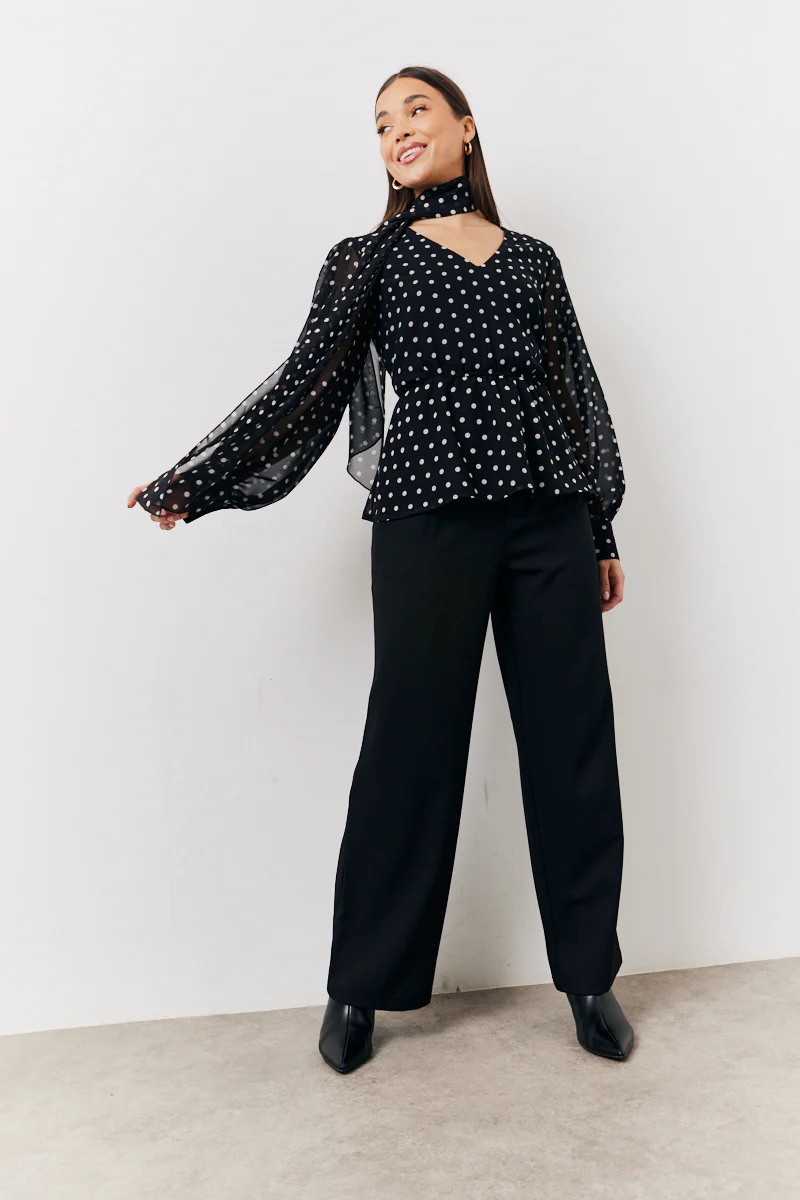 Black Polka Dot Tie Neck Blouse - Image 2