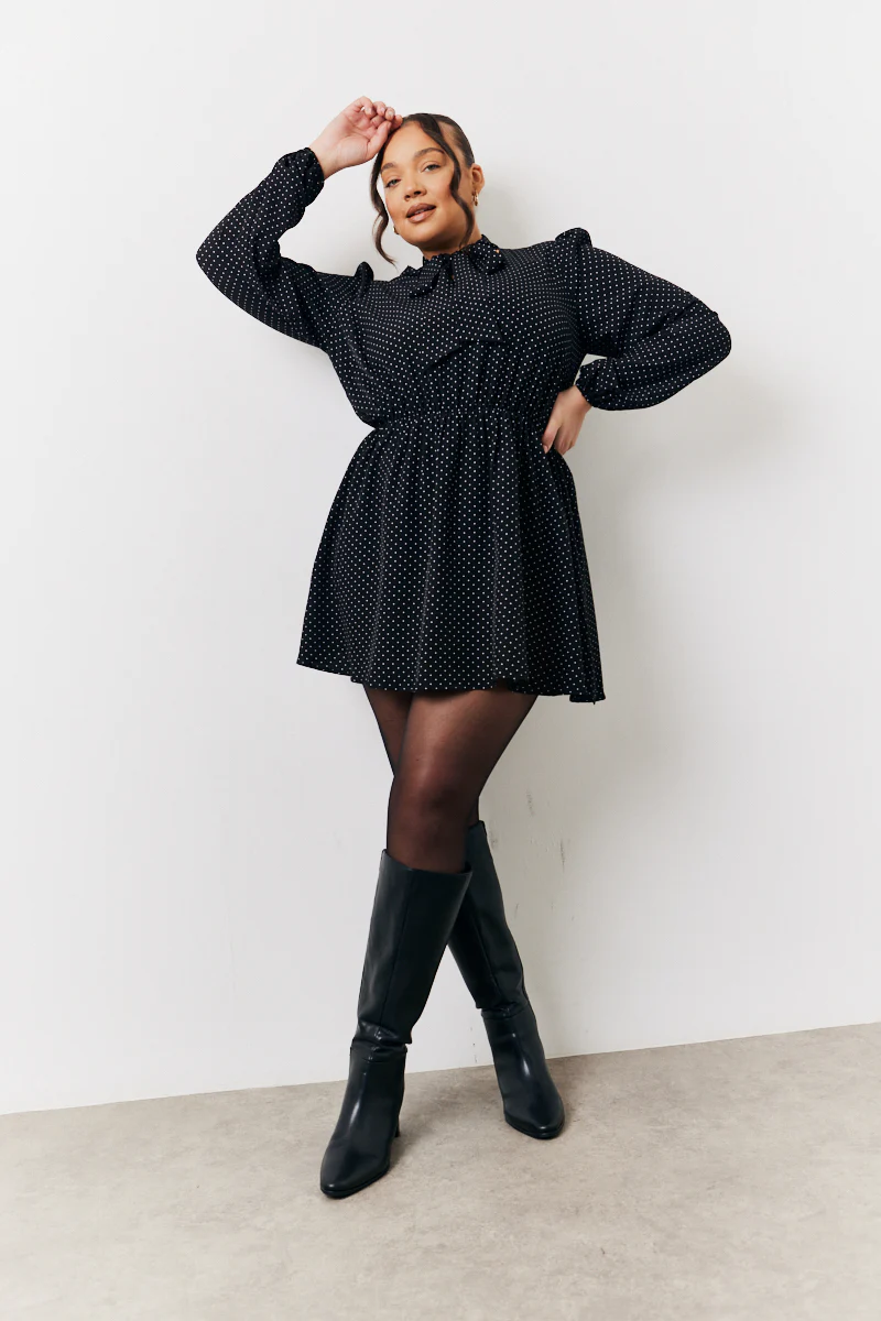 Black and White Polka Dot Mini Dress with Tie Neck - Image 2