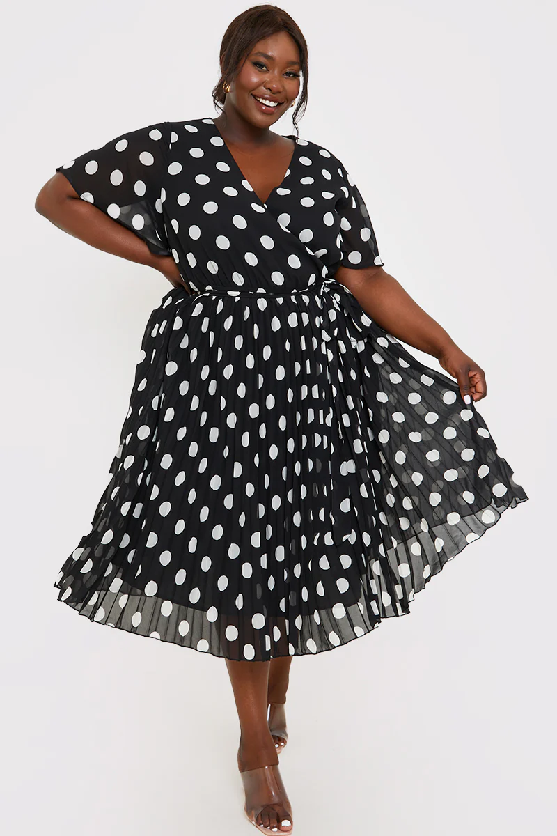 Polka Dot Print Pleated Wrap Midi Dress - Image 10