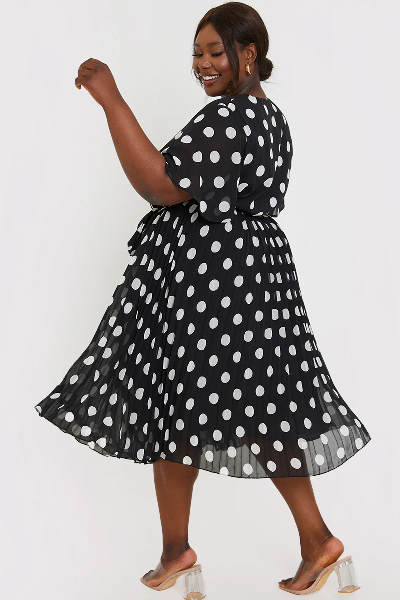 Polka Dot Print Pleated Wrap Midi Dress - Image 12
