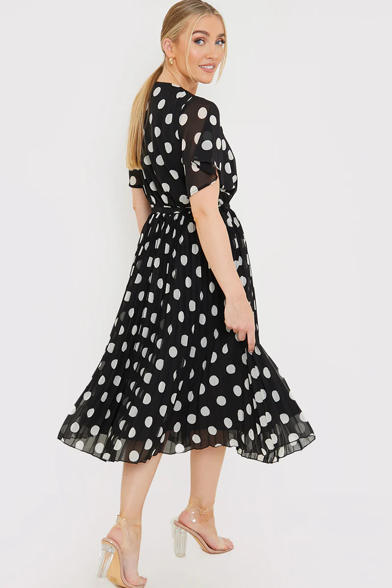 Polka Dot Print Pleated Wrap Midi Dress - Image 14