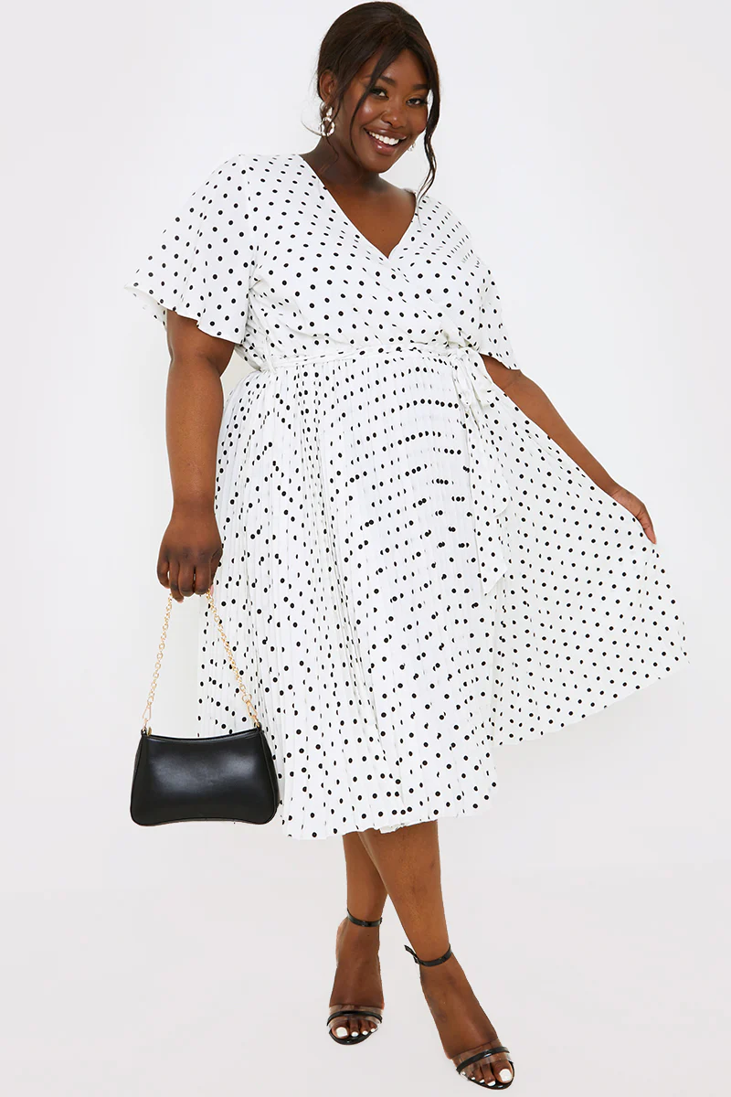 Polka Dot Print Pleated Wrap Midi Dress - Image 21