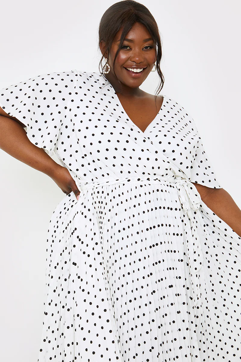 Polka Dot Print Pleated Wrap Midi Dress - Image 25
