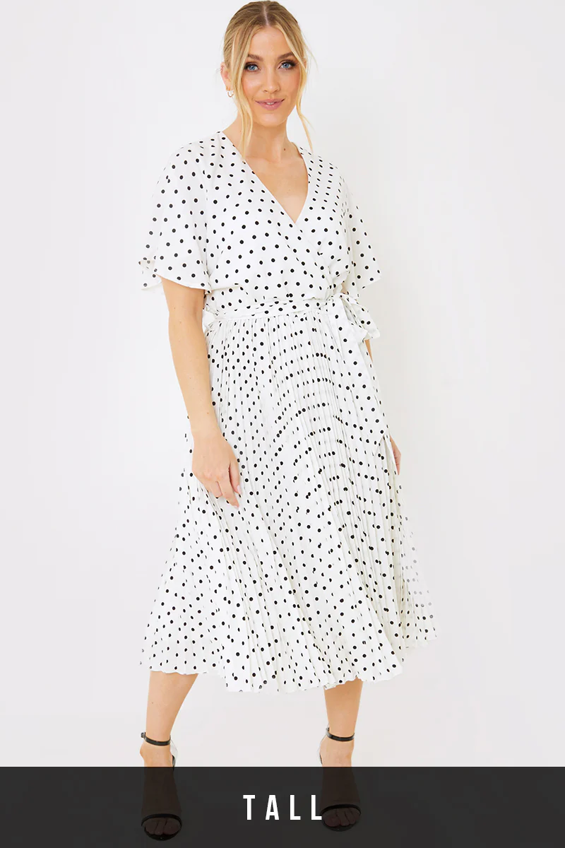 Polka Dot Print Pleated Wrap Midi Dress - Image 30