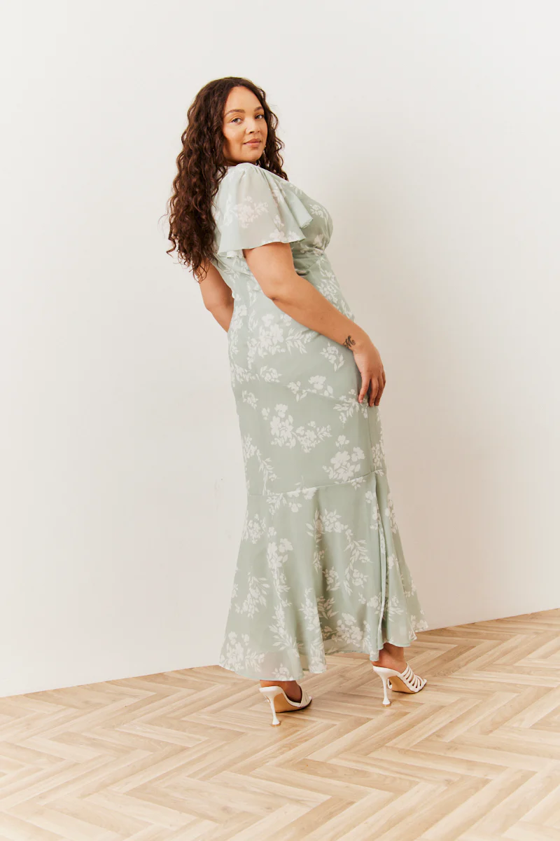 Sage Floral Print Chiffon Flutter Sleeve Maxi Dress - Image 2