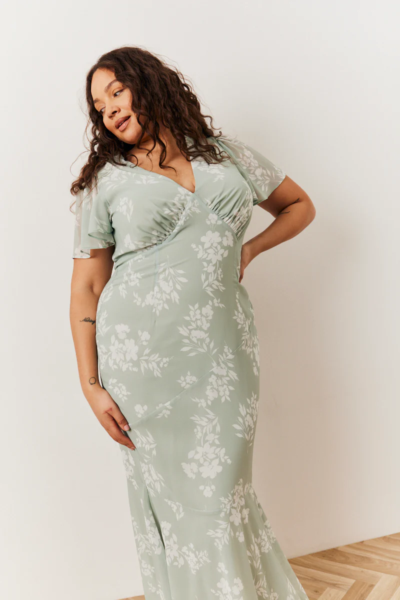 Sage Floral Print Chiffon Flutter Sleeve Maxi Dress - Image 3