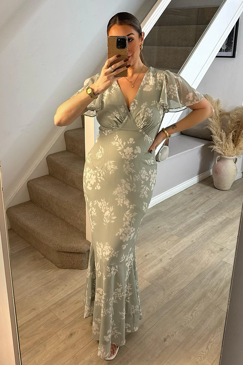 Sage Floral Print Chiffon Flutter Sleeve Maxi Dress - Image 5