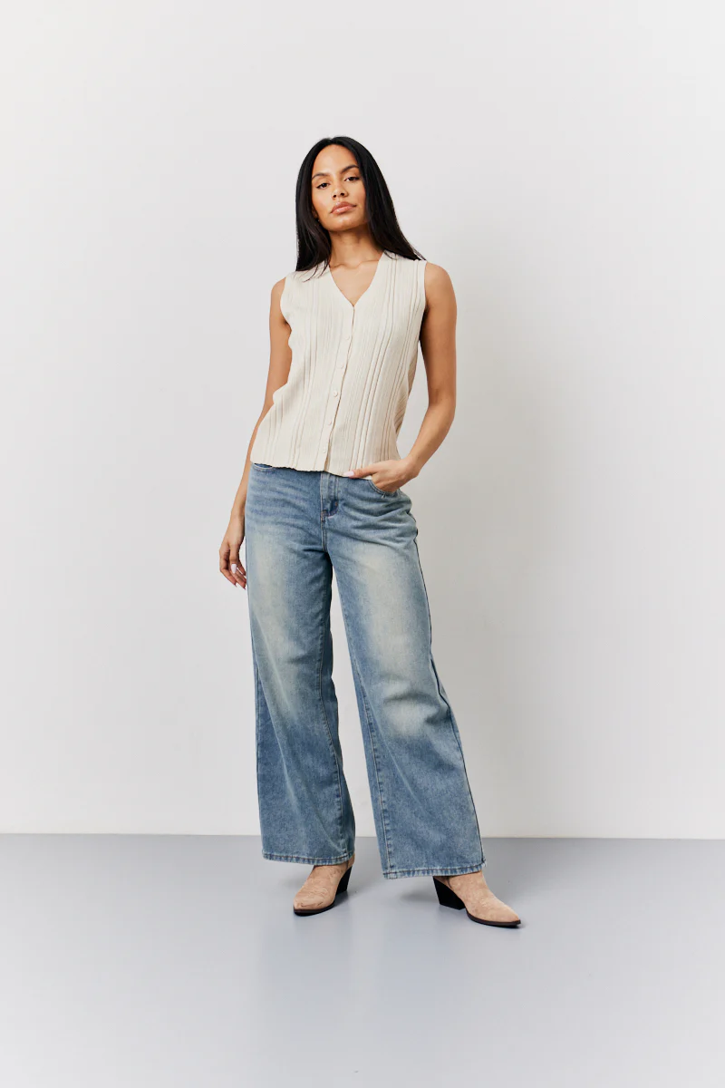 Ecru Ribbed Button Up Knitted Waistcoat - Image 2