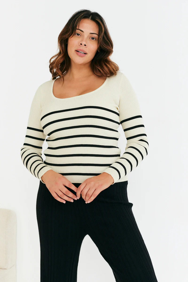 Rib Knit Stripe Scoop Neck Long Sleeve Top - Image 3