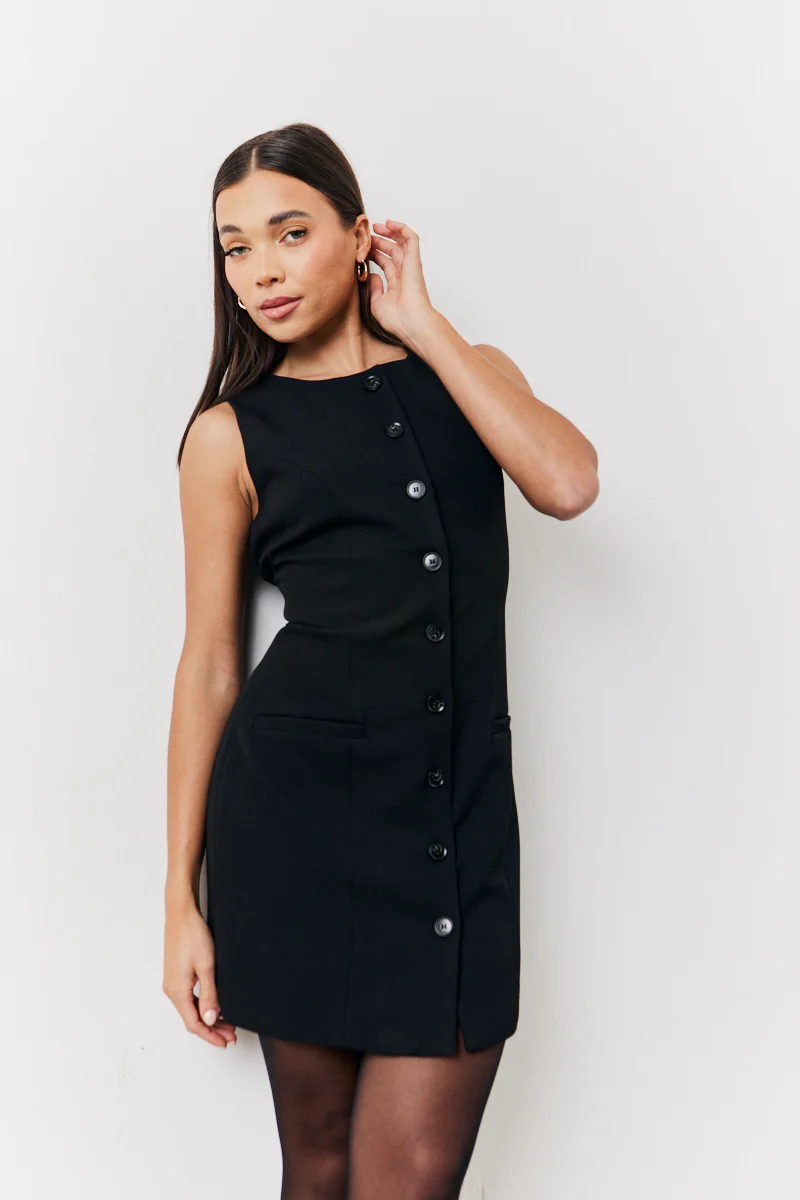 Black Tailored Button Through Mini Dress