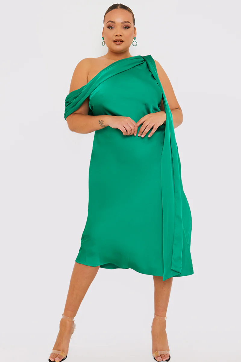 Green Satin Asymmetric Neckline Midi Dress - Image 10