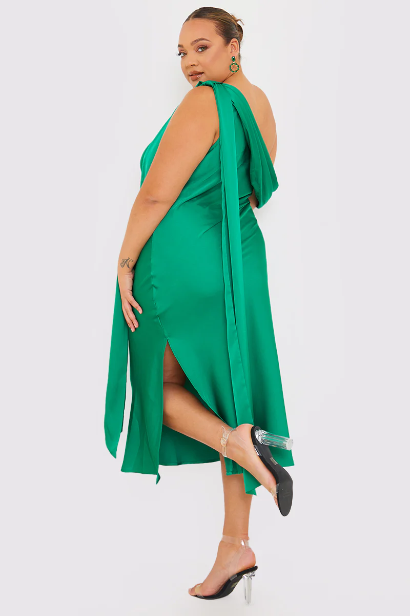 Green Satin Asymmetric Neckline Midi Dress - Image 6