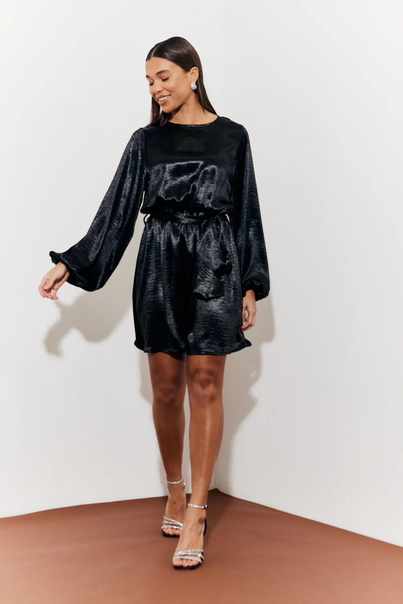 Satin Balloon Sleeve Belted Mini Dress - Image 2