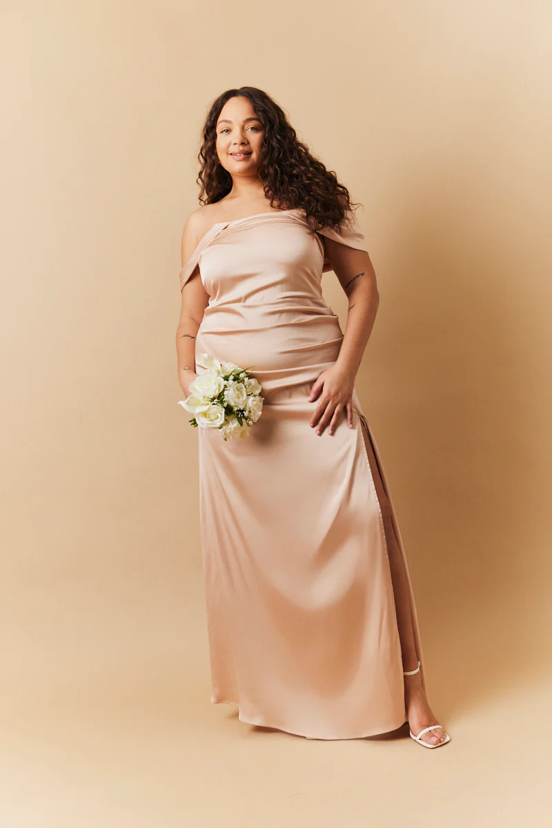 Light Gold Satin Bardot Ruched Maxi Dress - Image 2