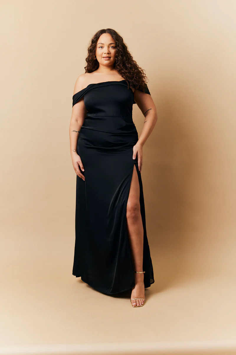 Black Satin Bardot Ruched Maxi Dress - Image 2