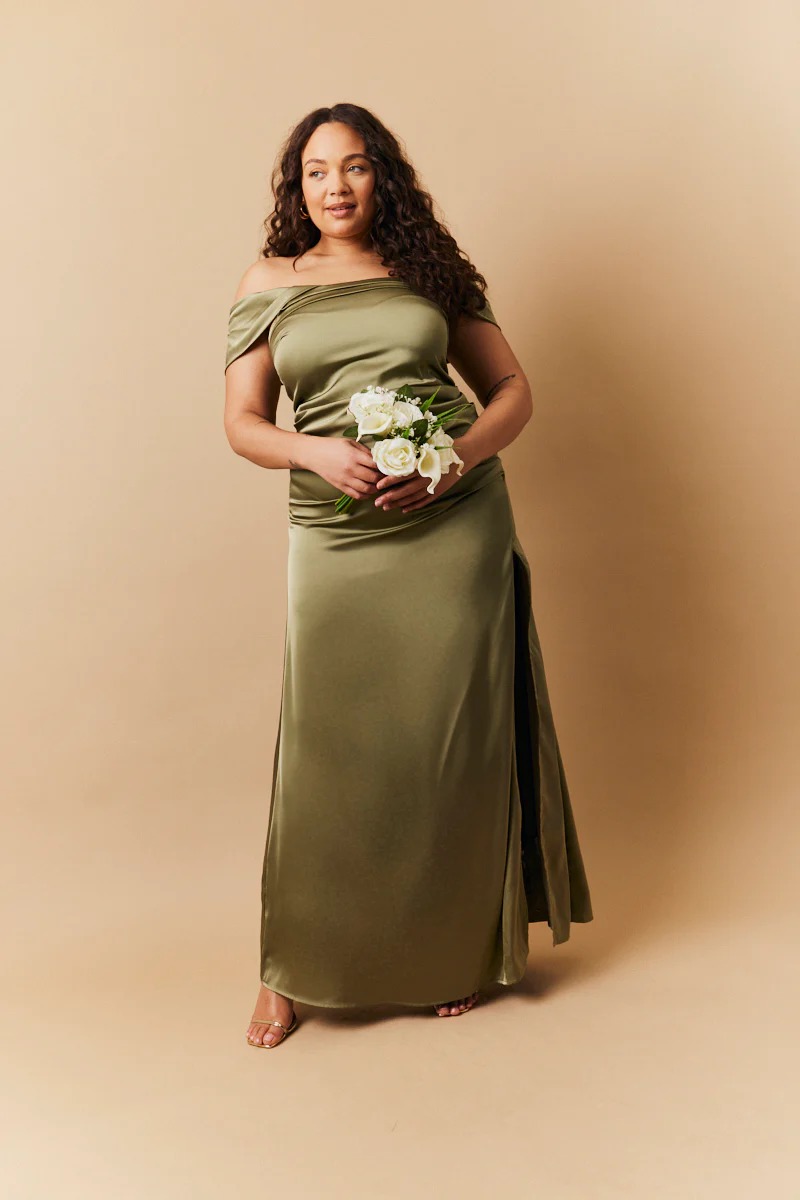 Olive Satin Bardot Ruched Maxi Dress - Image 2
