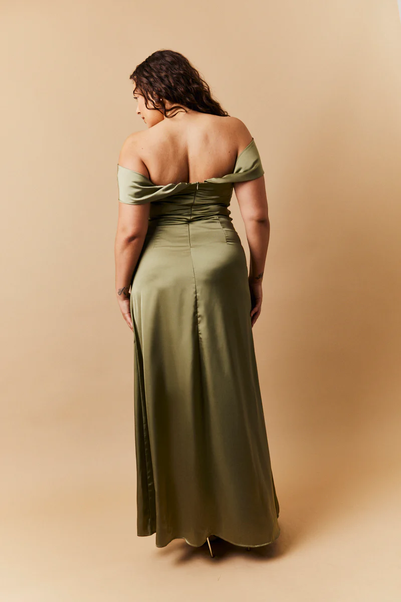 Olive Satin Bardot Ruched Maxi Dress - Image 3