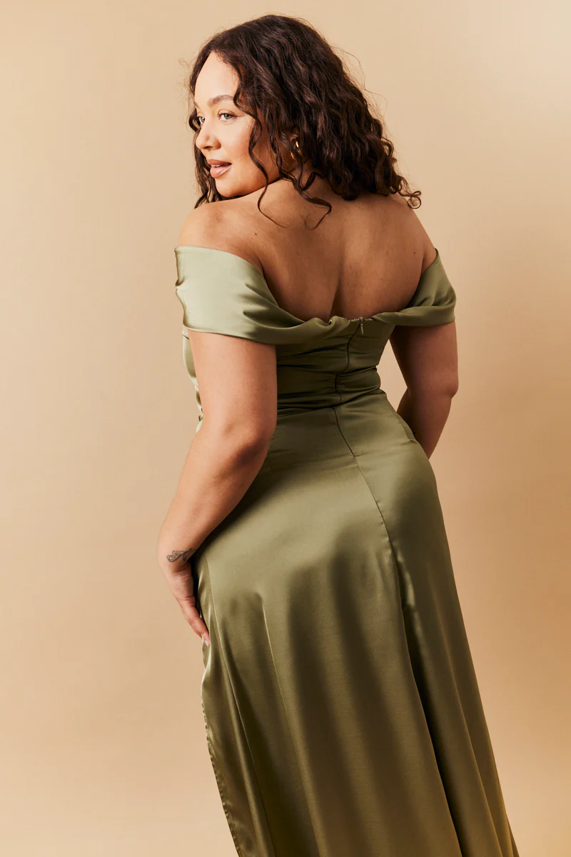 Olive Satin Bardot Ruched Maxi Dress - Image 4