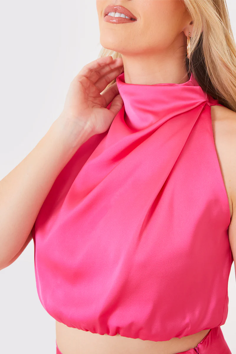 Satin Draped High Neck Co Ord Top - Image 16
