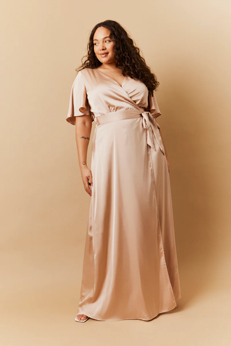 Light Gold Satin Wrap Tie Angel Sleeve Maxi Dress - Image 2