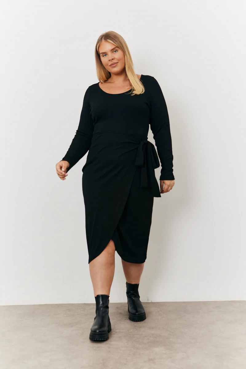Scoop Neck Ribbed Long Sleeve Bodycon Wrap Midi Dress