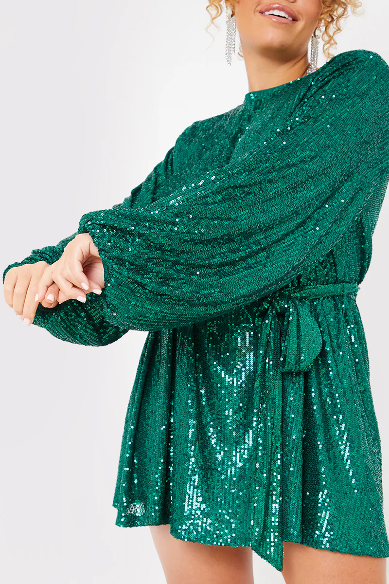 Sequin Belted Balloon Sleeve Mini Dress - Image 29