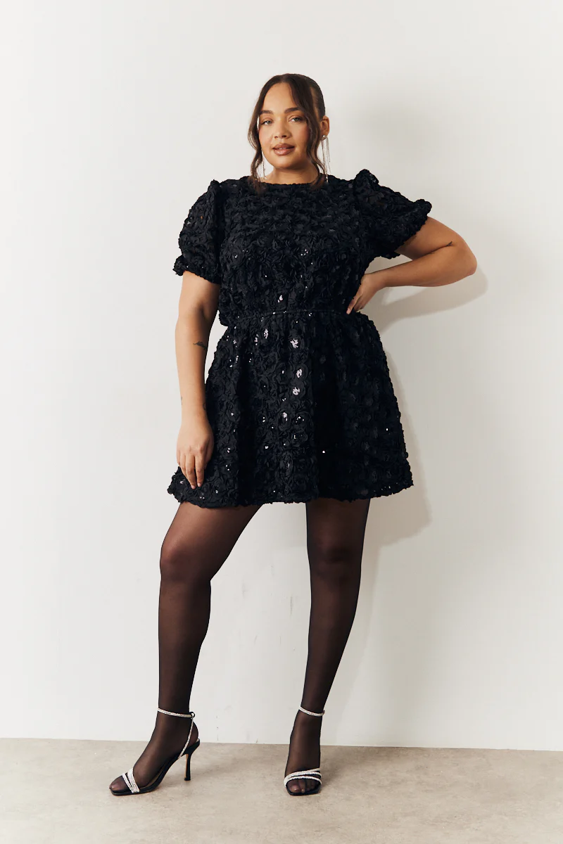 Black Sequin Floral Applique Fit and Flare Mini Dress - Image 2