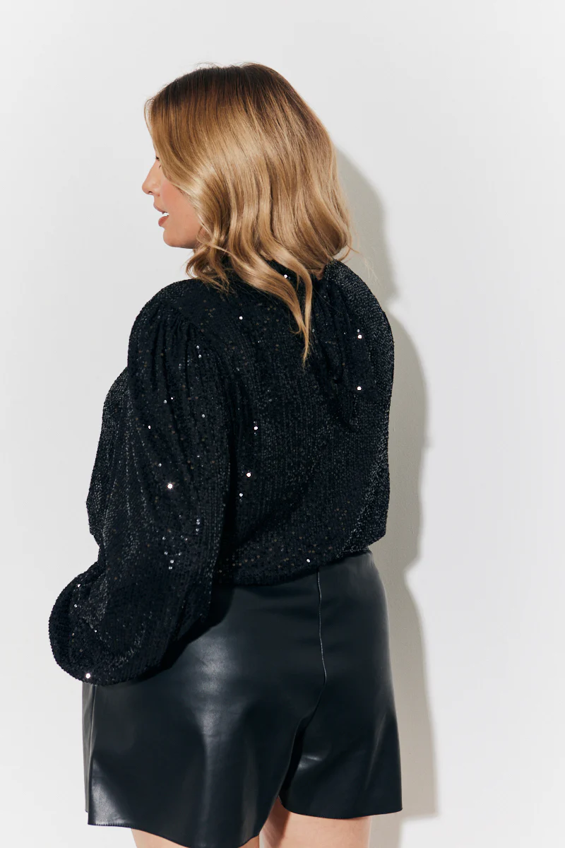 Tie Bow Back Sequin High Neck Blouse with Balloon Sleeve - Image 8
