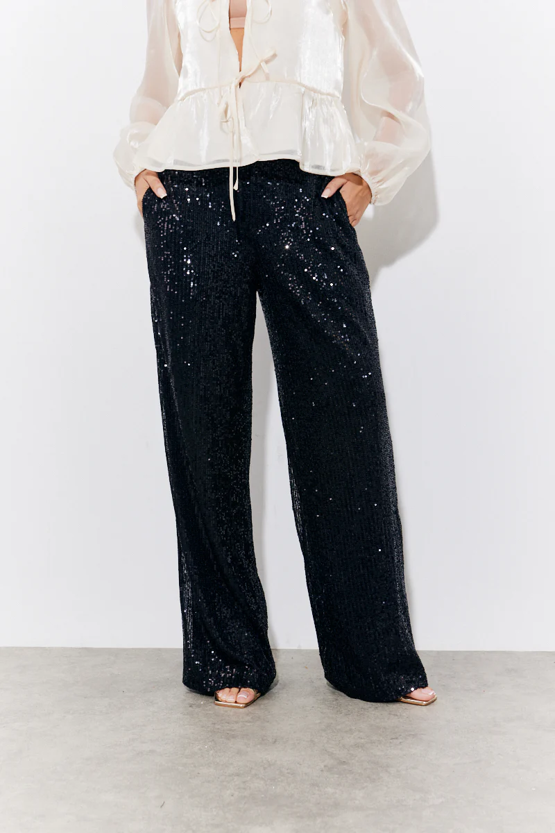 Black Sequin Wide Leg Trouser - Image 2