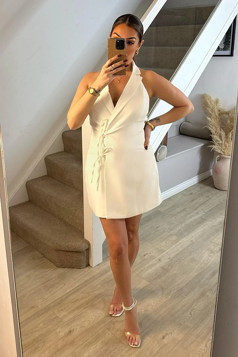 White Tailored Halterneck Mini Dress with Bow Detail - Image 5