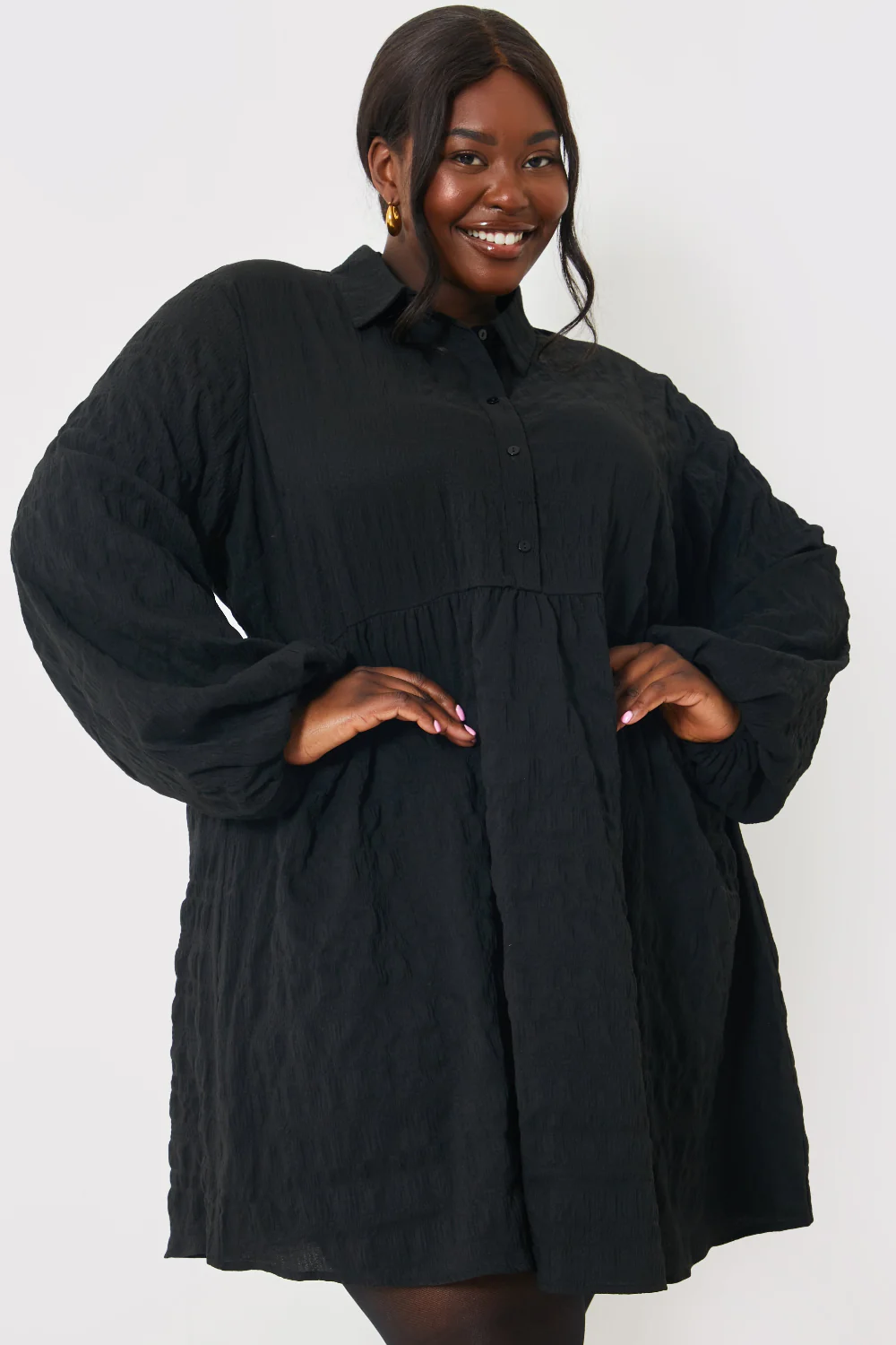 Textured Button Through Collared Smock Dress - Image 14